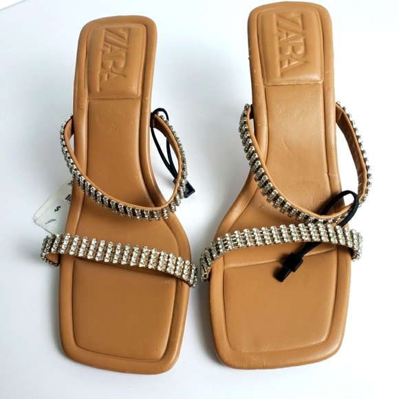 ZARA RHINESTONE STRAP HEELED LEATHET SANDEL - Picture 1 of 9